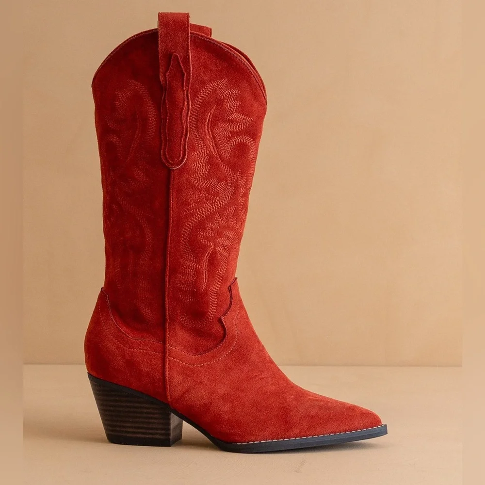 Mid-Calf Embroidered Suede Western Boots - Oasis Society - Picture 3 of 5